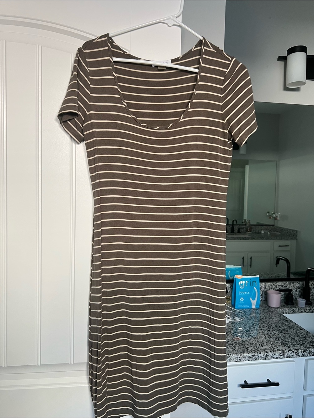 Calvin Klein Brown and Cream Striped Scoop-Neck Midi Dress